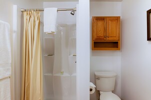 Un baño con ducha, inodoro y armario de madera.