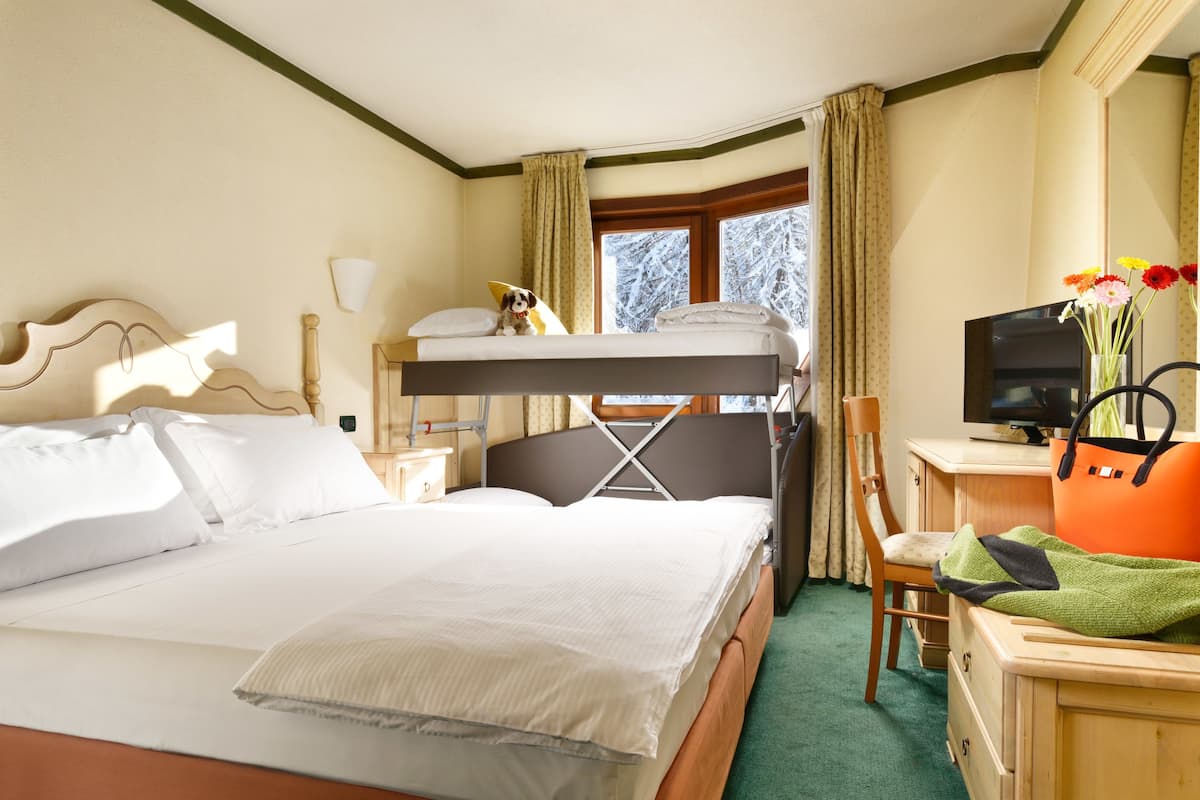 Una camera d'albergo con un letto a castello, una scrivania con televisore e una sedia.