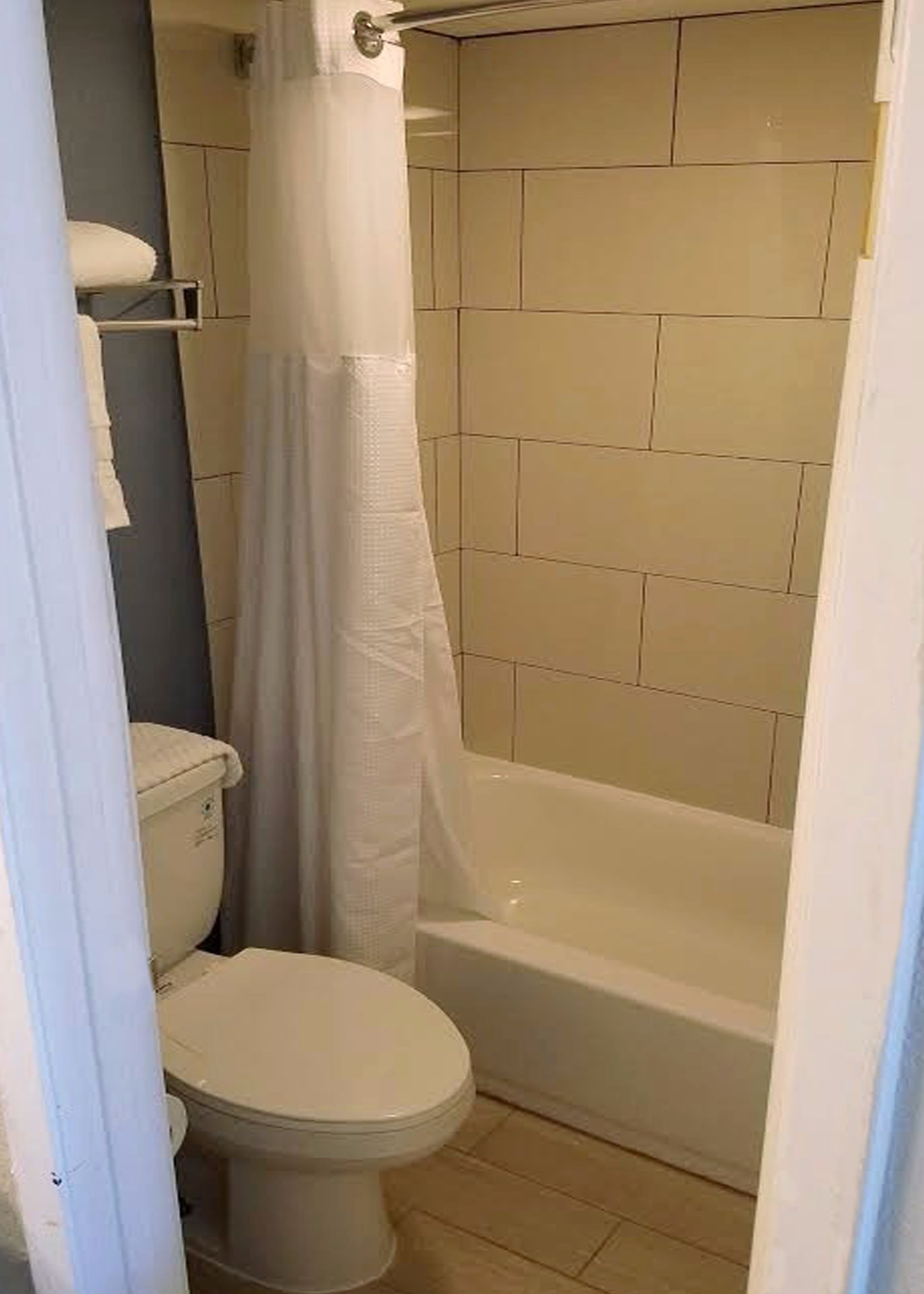 Een kleine badkamer met toilet, bad en douchegordijn.
