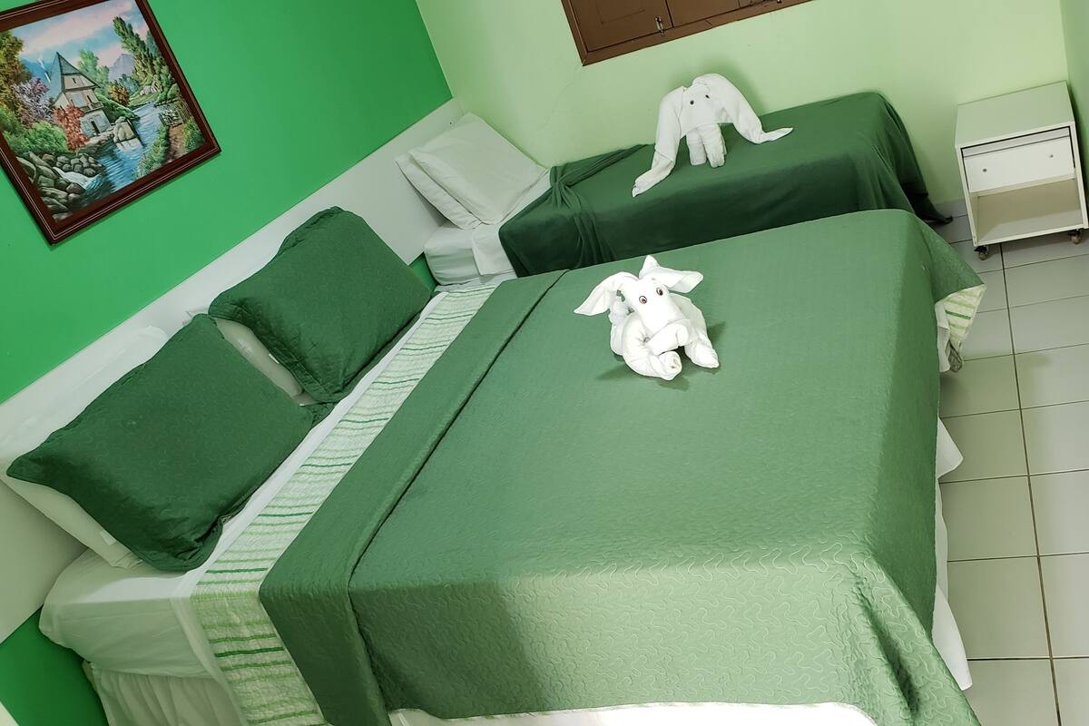 Una habitació amb dos llits, roba de llit verda, un quadre a la paret i una petita tauleta de nit blanca.