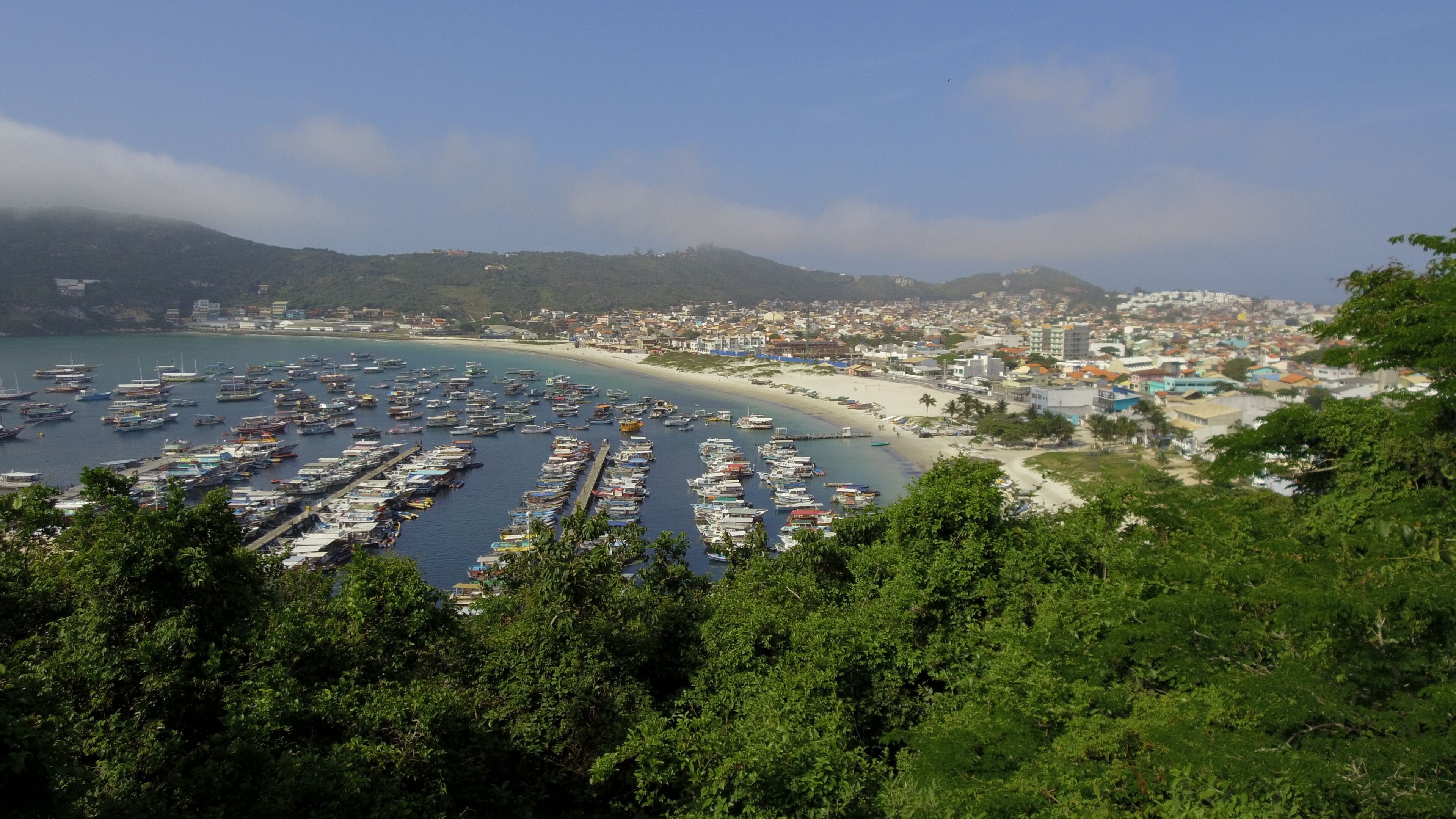 A coastal town with a marina filled with boats, a beach, and a densely built urban area in the background.