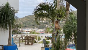 Une terrasse extérieure aménagée avec des meubles en bois, des plantes en pot et offrant une vue sur une marina où sont amarrés des bateaux.