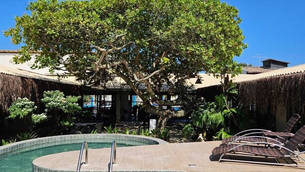 A swimming pool with a tree in the center, surrounded by lounge chairs and a thatched-roof building. - Pousada Sempre Graciosa (Marechal Deodoro)