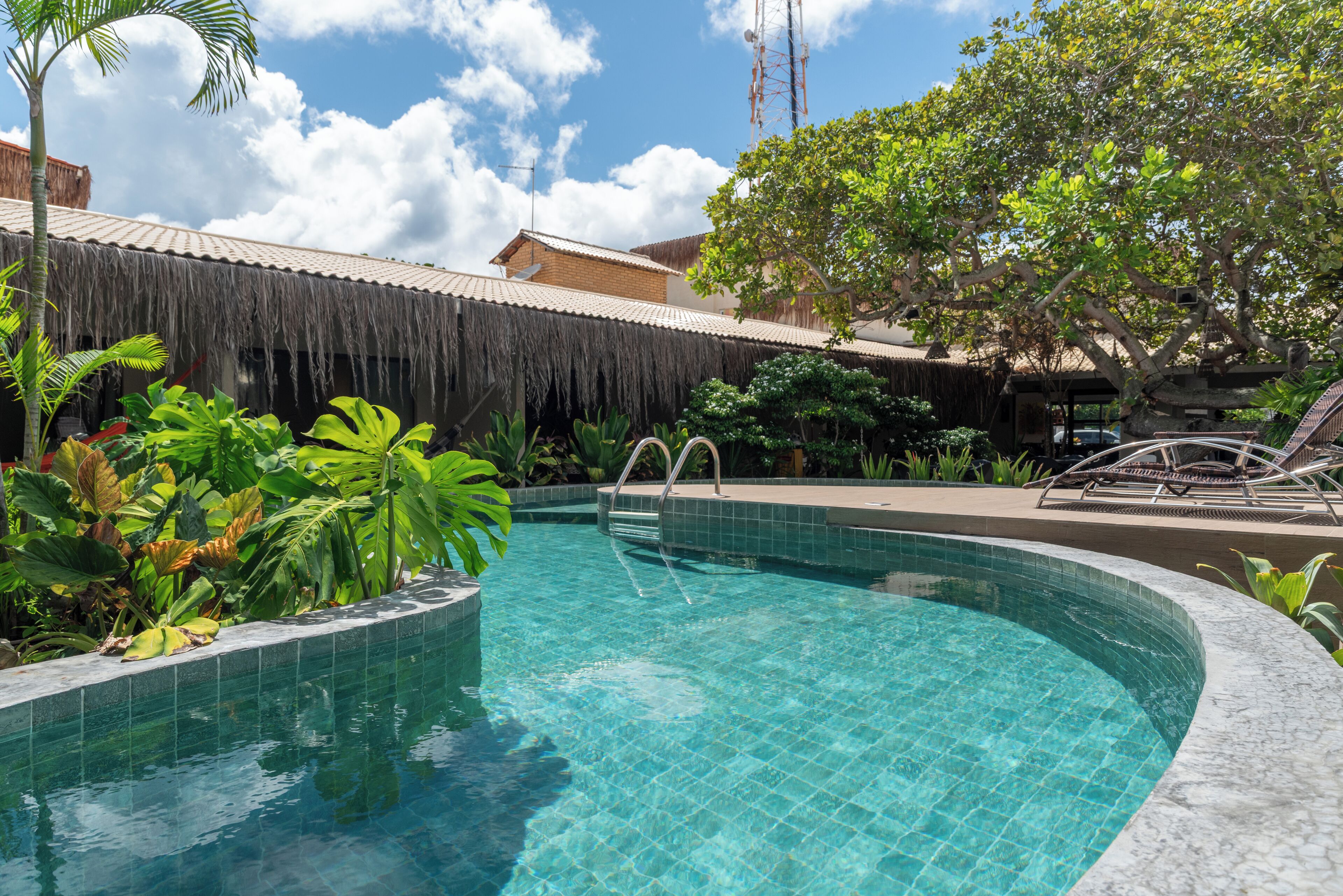 室外游泳池，提供日光浴躺椅