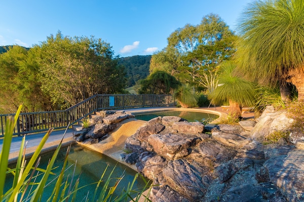 Outdoor pool, pool umbrellas, pool loungers