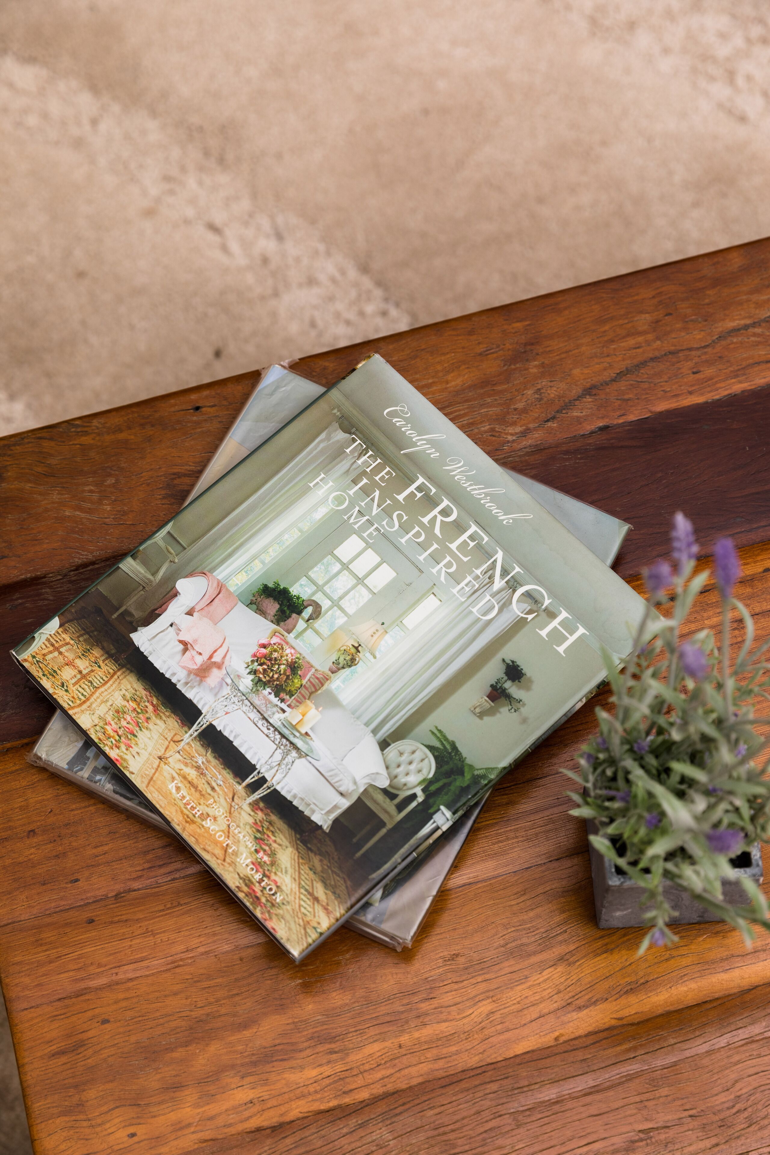A book titled 'The French Home Inspired' on a wooden table with a small potted plant.