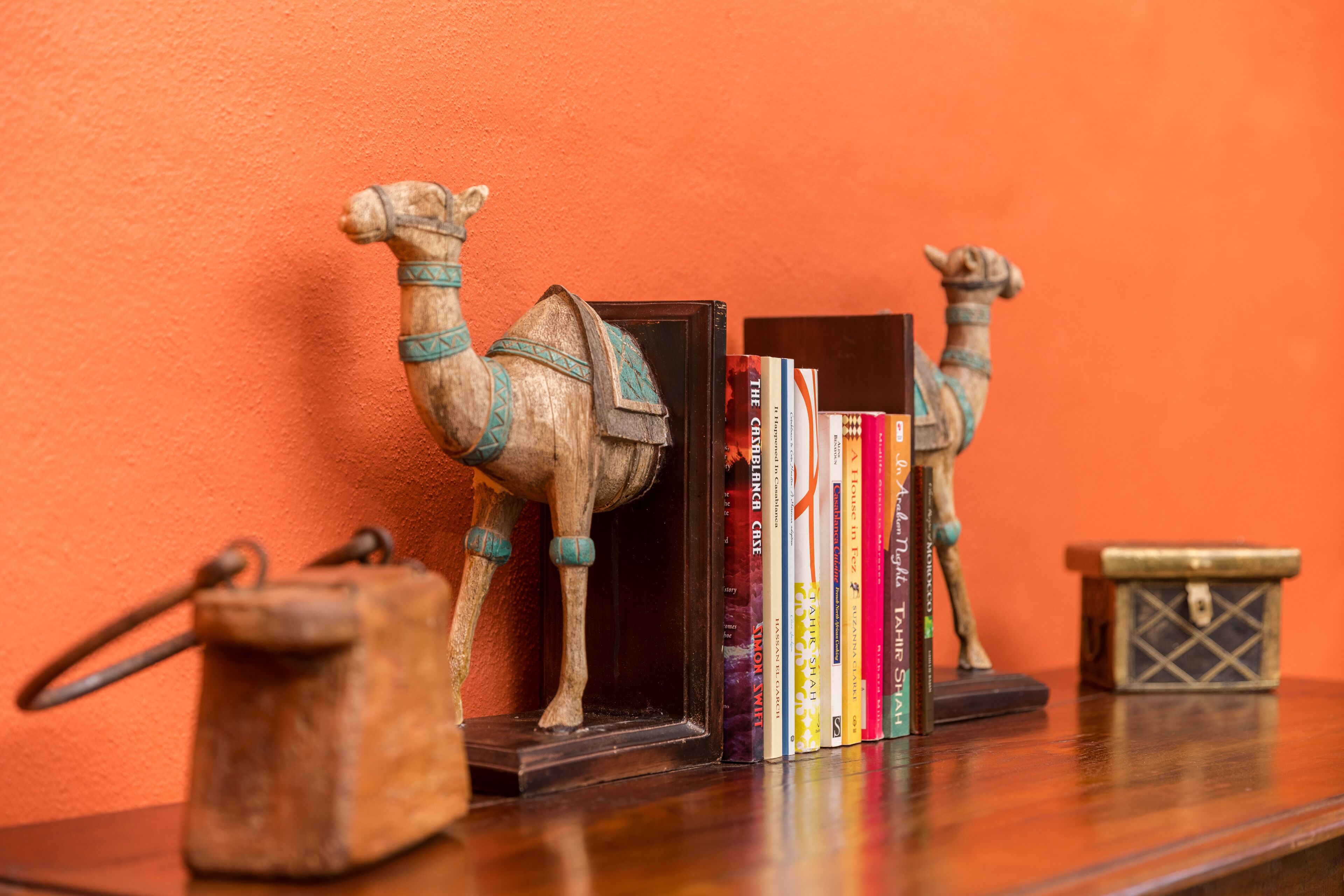 A bookshelf with books and two camel-shaped bookends against an orange wall.