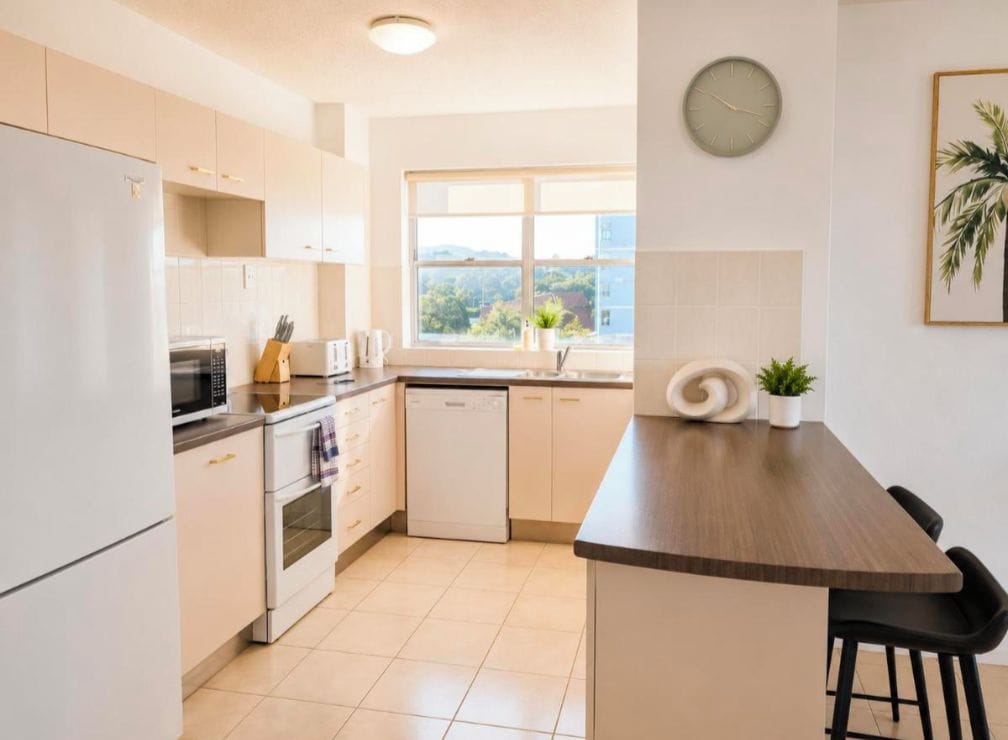 A modern kitchen with white cabinets, a wooden countertop, and a view of the outdoors through a window.