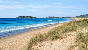 A beach with clear blue water, sandy shore, and grassy dunes. - Tradewinds Apartments (Coffs Harbour)