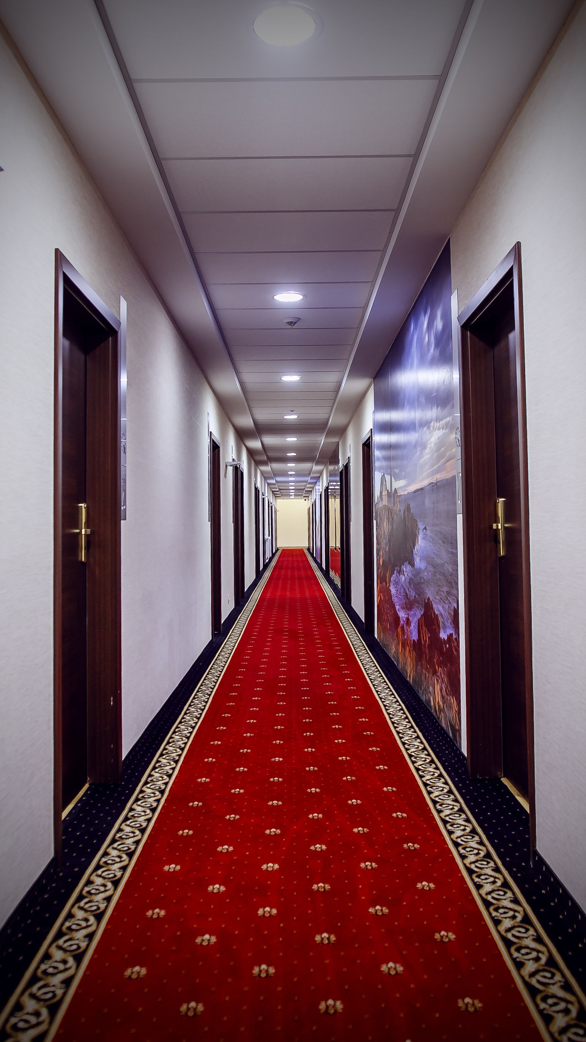 A hotel corridor with a red carpet, wooden doors, and a mural on the right wall.