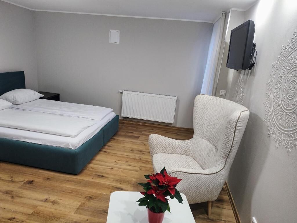 Un dormitorio con cama, una silla, una mesita con planta en maceta, un radiador y un televisor montado en la pared.