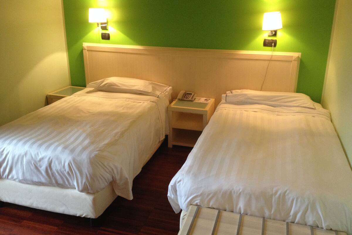 Deux lits simples avec du linge de lit blanc, une tête de lit en bois, des tables de chevet avec des lampes et un mur vert.