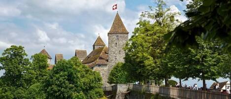Un castillo de piedra histórico con una bandera suiza, rodeado de abundante vegetación y un muro de piedra.