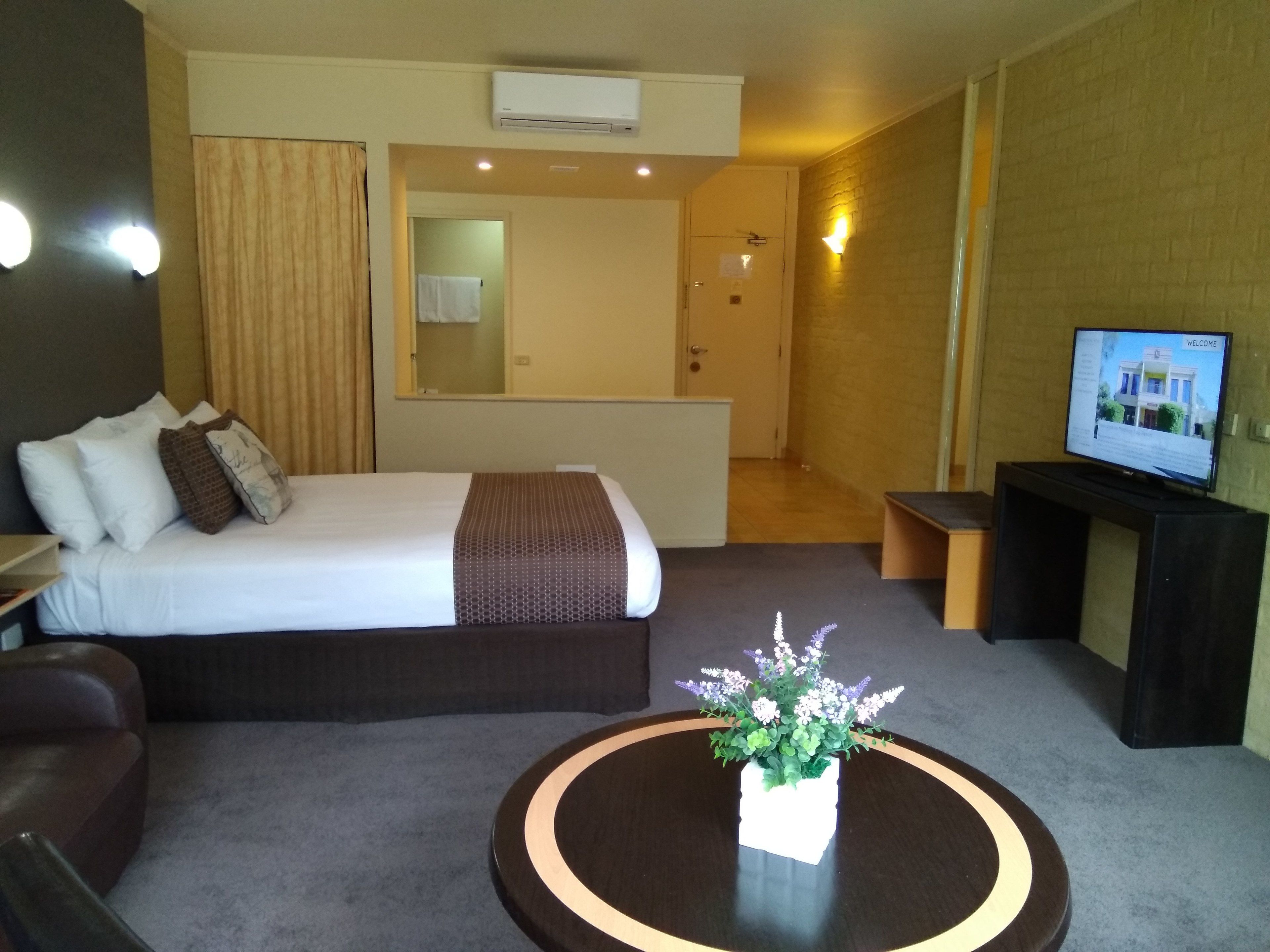 A hotel room with a bed, a small desk, a television, and a potted plant.