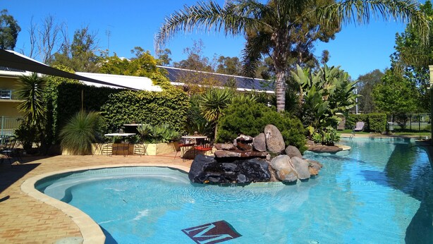Una piscina con una formación rocosa, rodeada de palmeras y un área de patio cubierta.