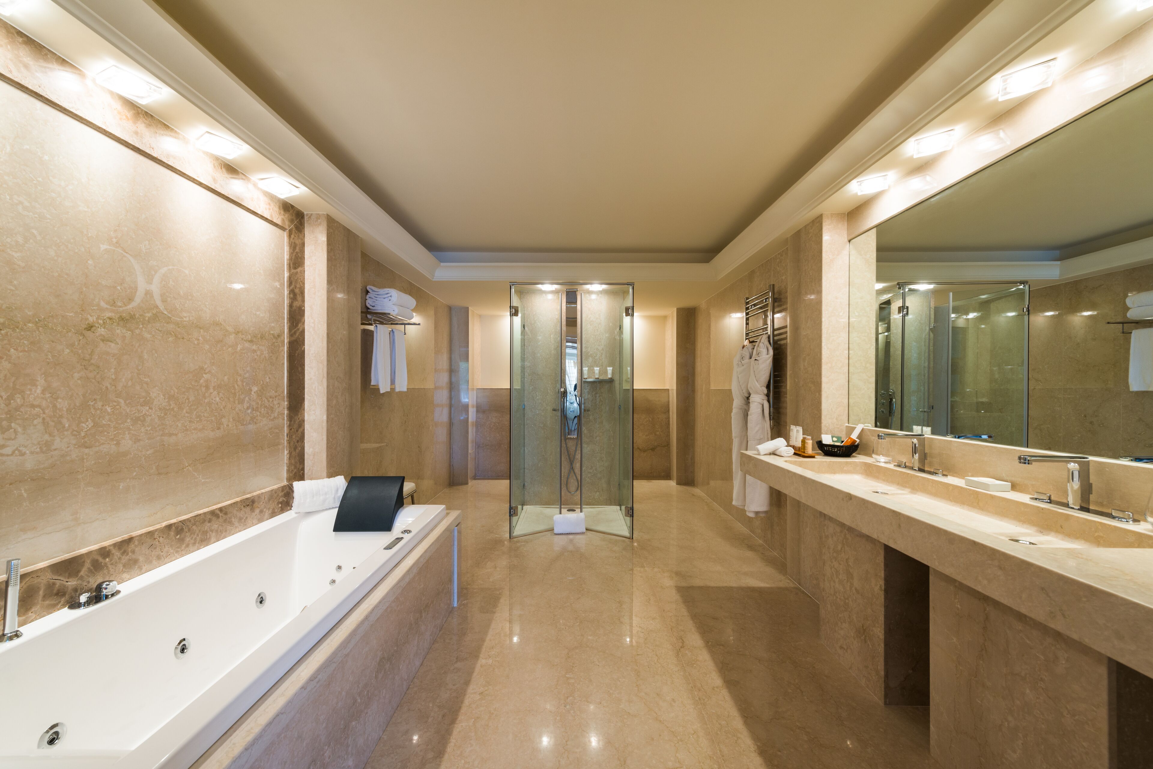 presidential suite | bathroom | shower, designer toiletries, hair dryer, bathrobes