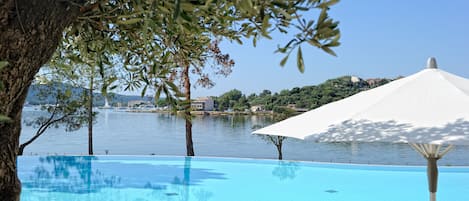 Indoor pool, pool umbrellas, pool loungers