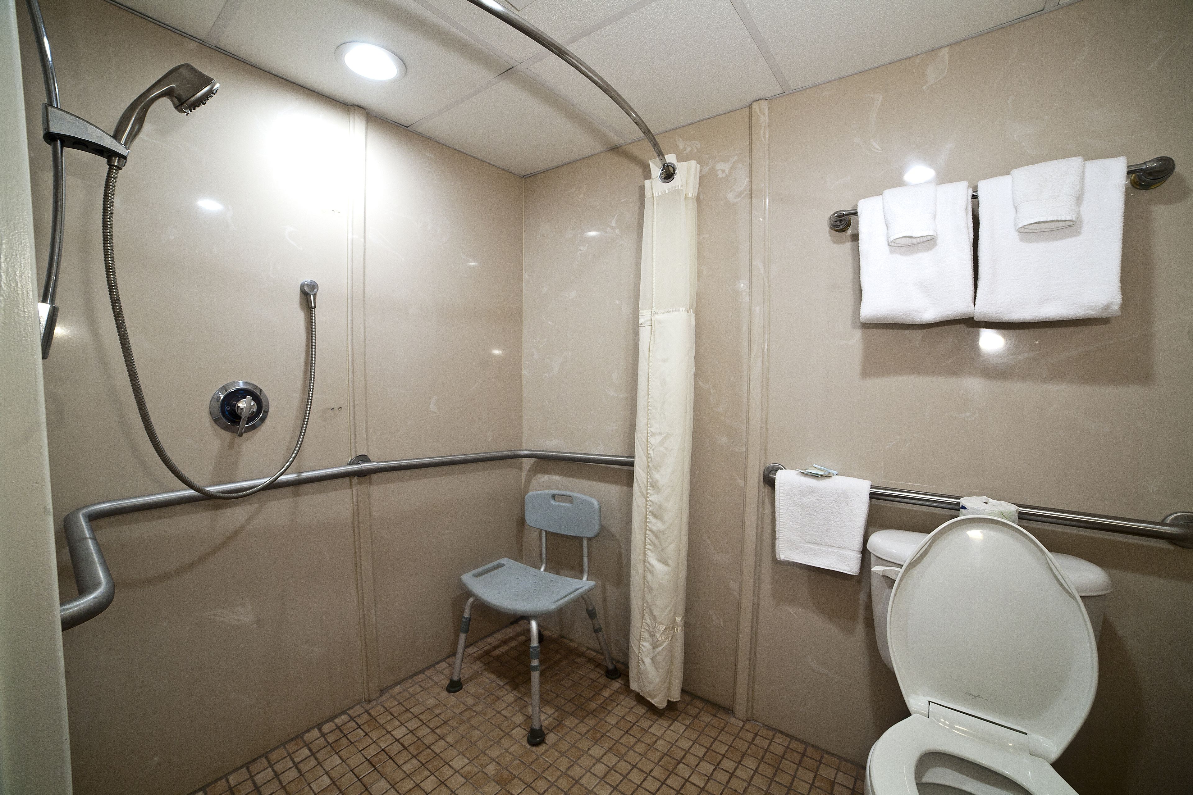 deluxe king accessible sideview | bathroom | free toiletries, hair dryer, towels, soap