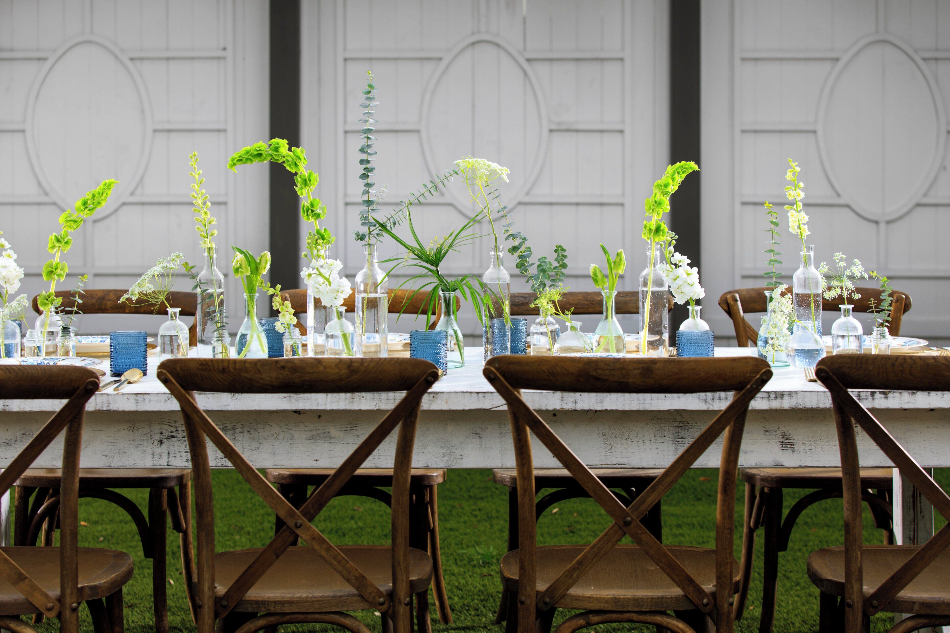 Una mesa dispuesta con sillas, decorada con diversas plantas en recipientes de vidrio.