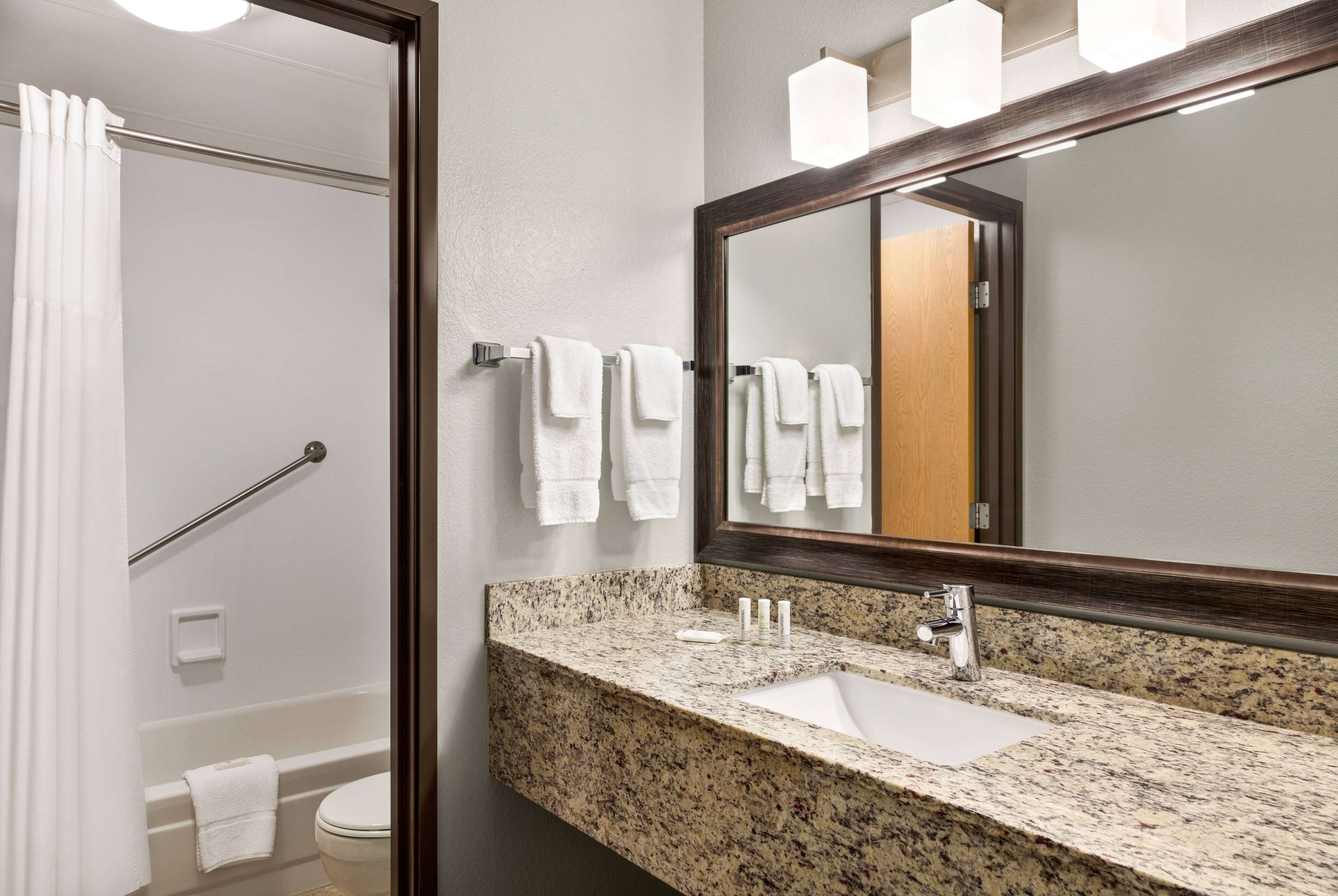 combined shower/bathtub, free toiletries, hair dryer, towels