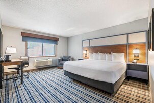 Quarto de hotel com uma cama grande, uma escrivaninha, uma cadeira, uma janela com persianas, aquecedor fixado na parede e um tapete estampado.