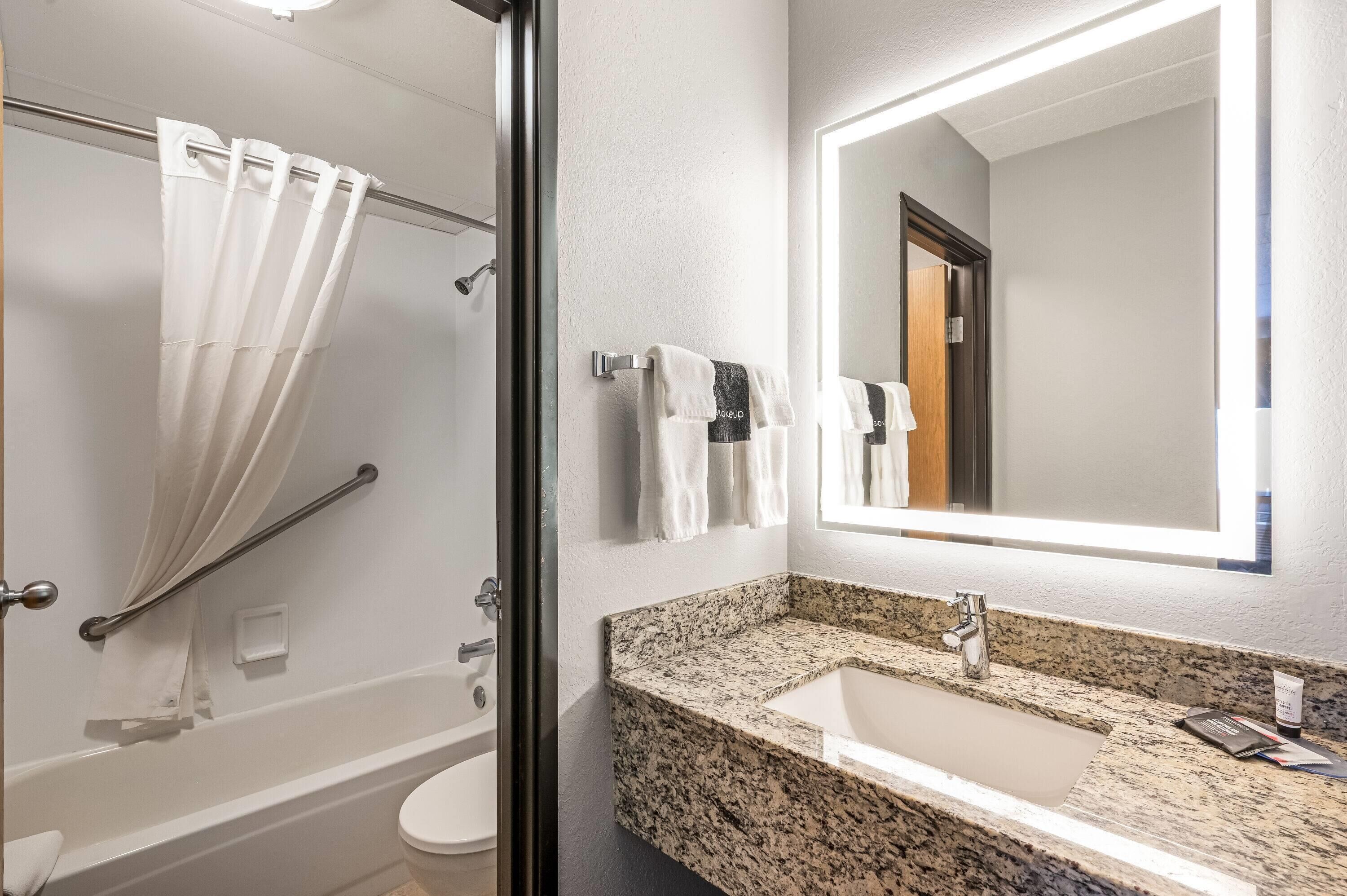 A bathroom with a shower, toilet, sink, and a large mirror.