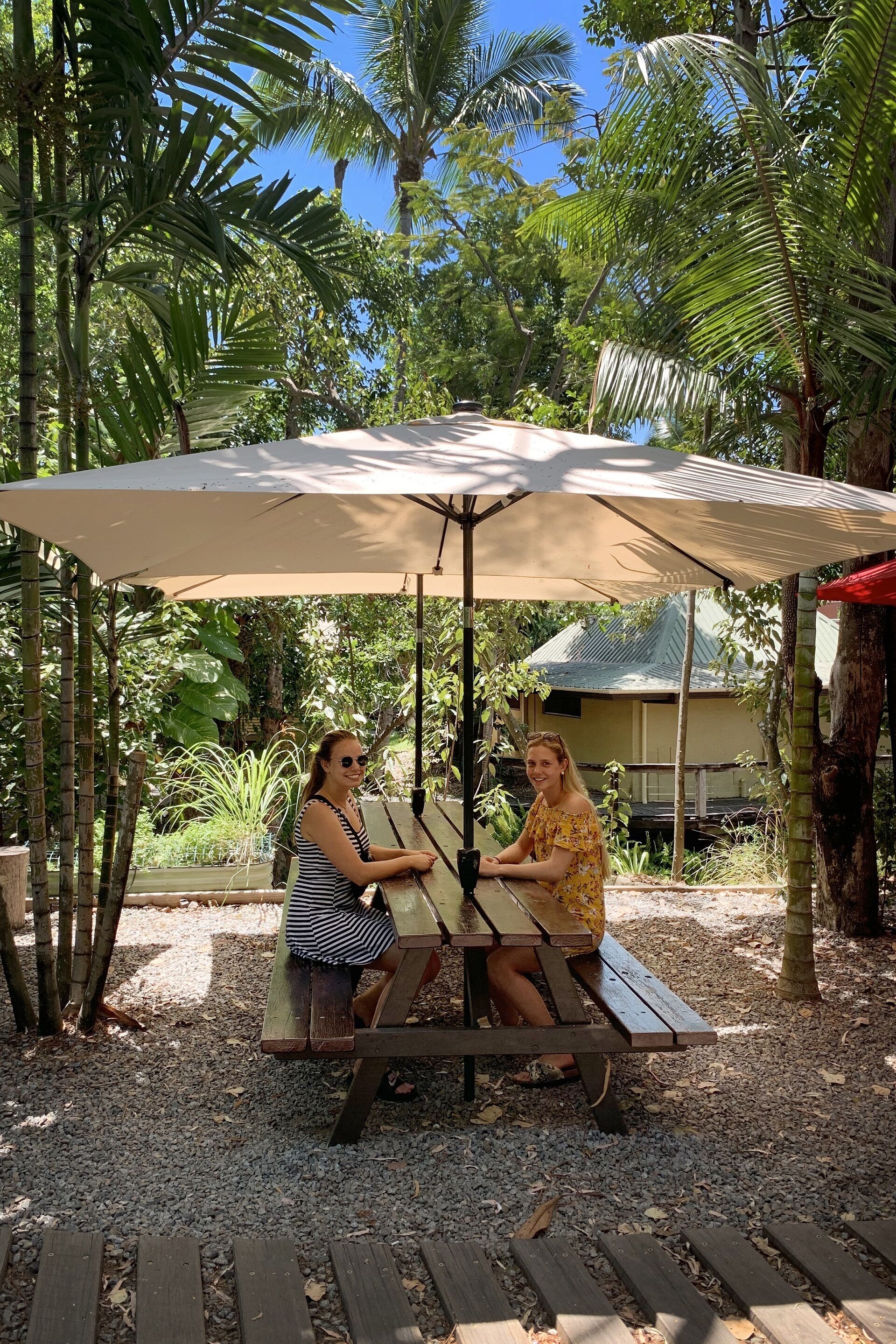 Two people seated at an outdoor table under a canopy, surrounded by tropical vegetation.