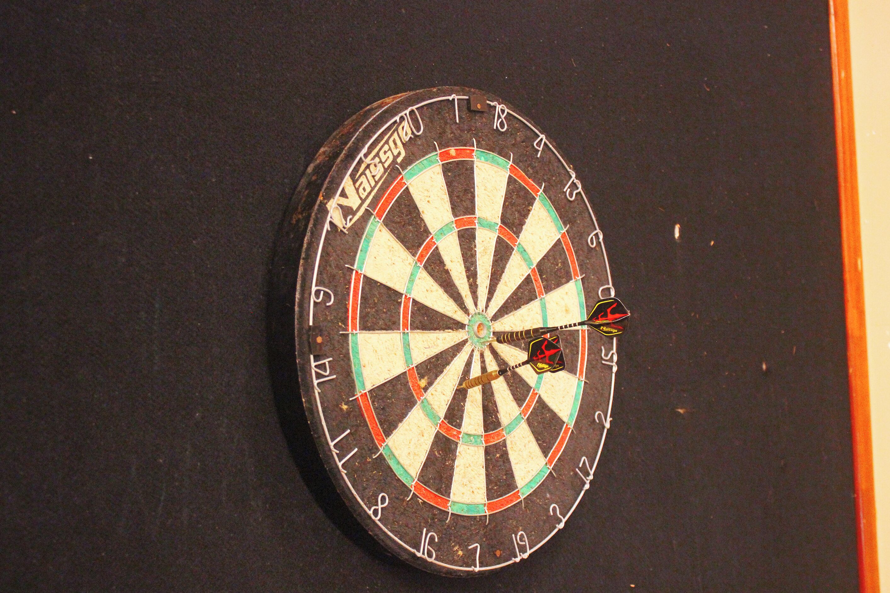 A dartboard with a dart in the bullseye.