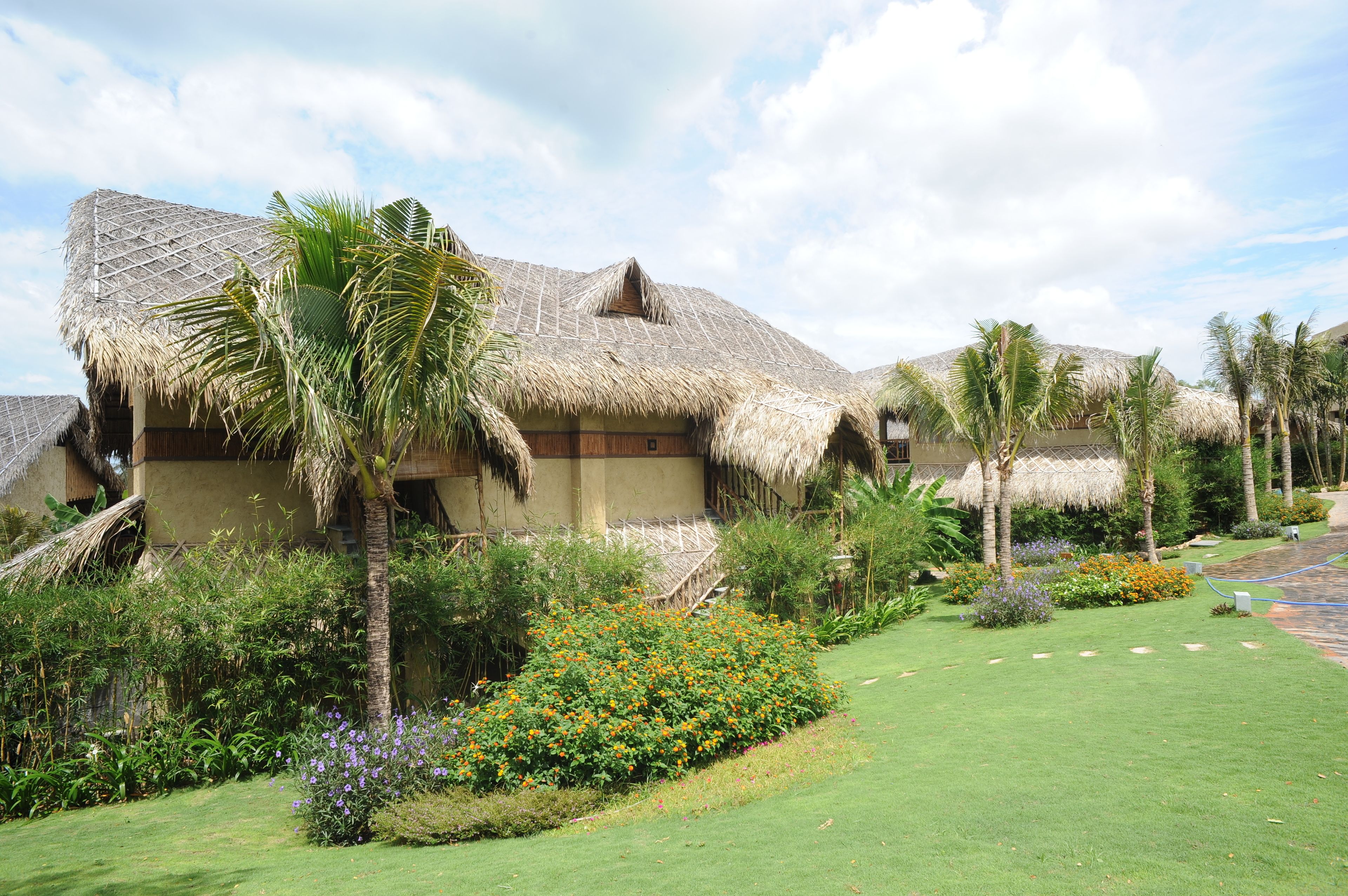 A resort with thatched-roof cottages surrounded by lush gardens and palm trees.