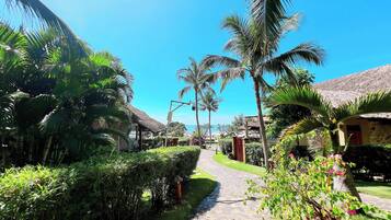 A pathway leading to a thatched-roof building surrounded by lush greenery and palm trees.