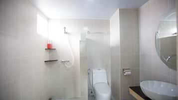 Chuveiro, secador de cabelo, toalhas de banho, sabonete