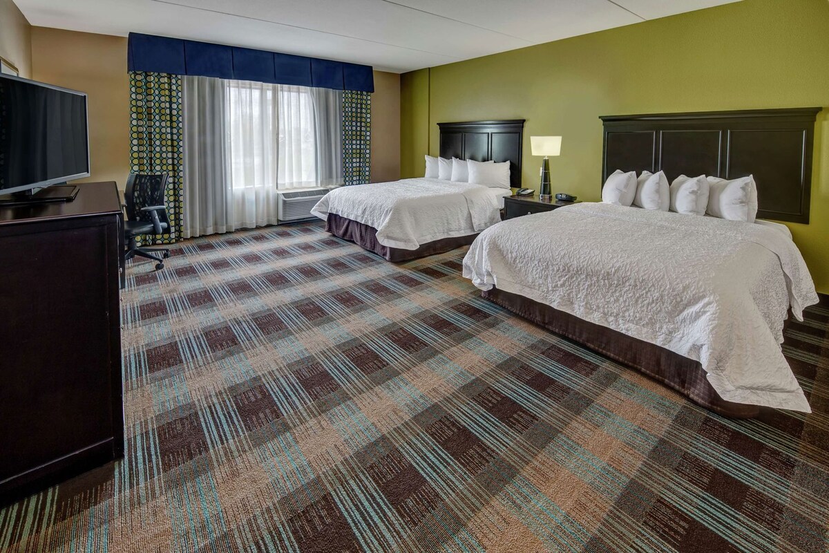 A hotel room with two beds, a desk, a television, and a patterned carpet.
