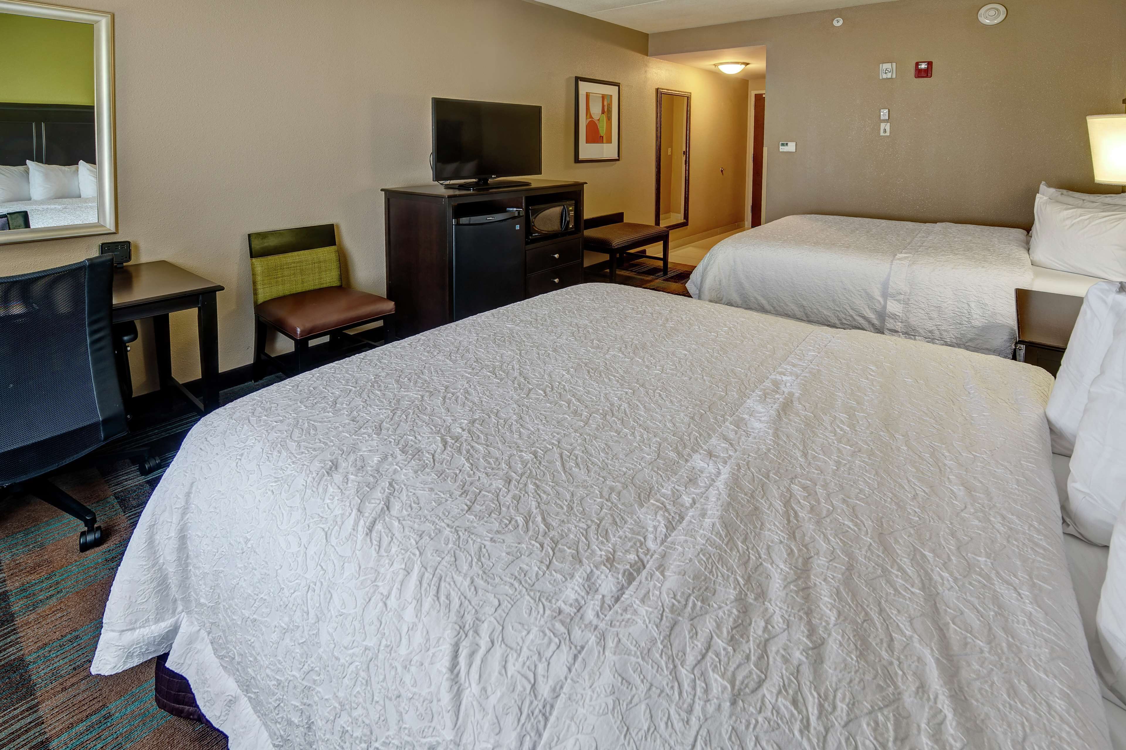 A hotel room with two beds, a desk with a chair, a television, and a mirror.