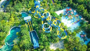 Vue aérienne d’un parc aquatique doté de nombreux toboggans, de plusieurs piscines et d’une zone de plage, le tout entouré d’une végétation luxuriante.
