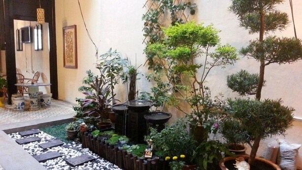 A courtyard with a variety of potted plants, a small fountain, and a seating area with a table and chairs. - Muntri House - Hostel (George Town)
