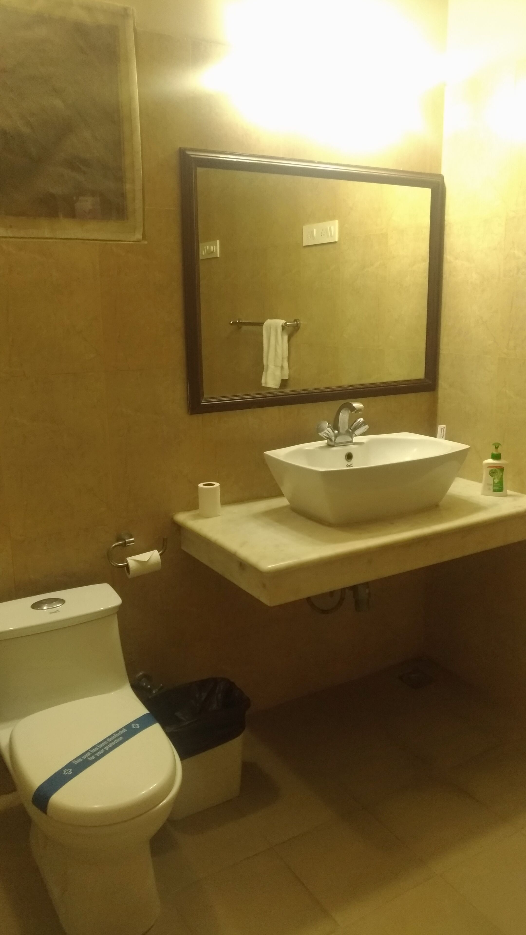Un baño con inodoro blanco, lavabo con espejo y un cubo de basura.