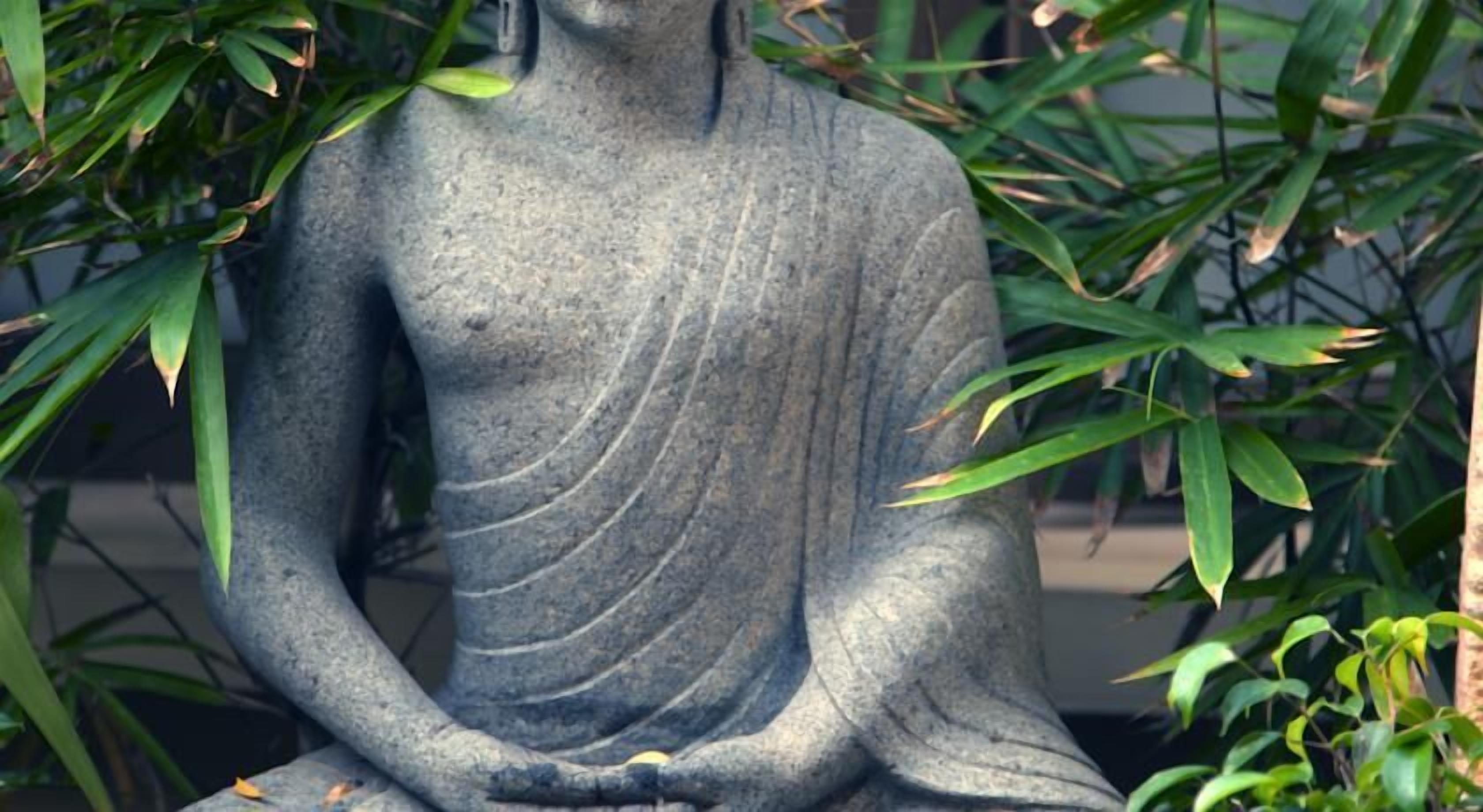 Une statue de pierre représentant une figure assise, entourée de verdure.