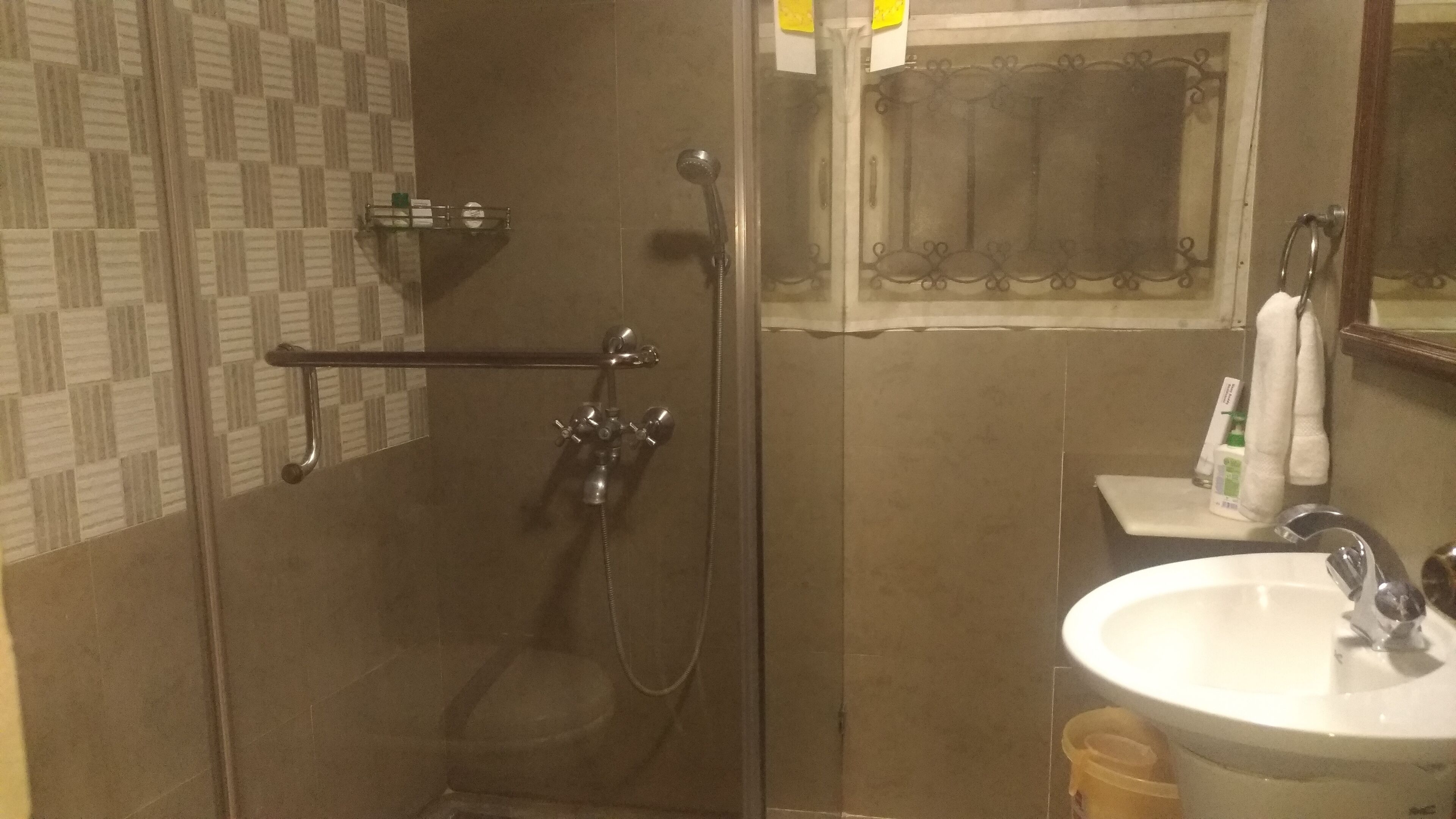 A bathroom with a glass shower enclosure, a sink with a mirror, and a towel rack.