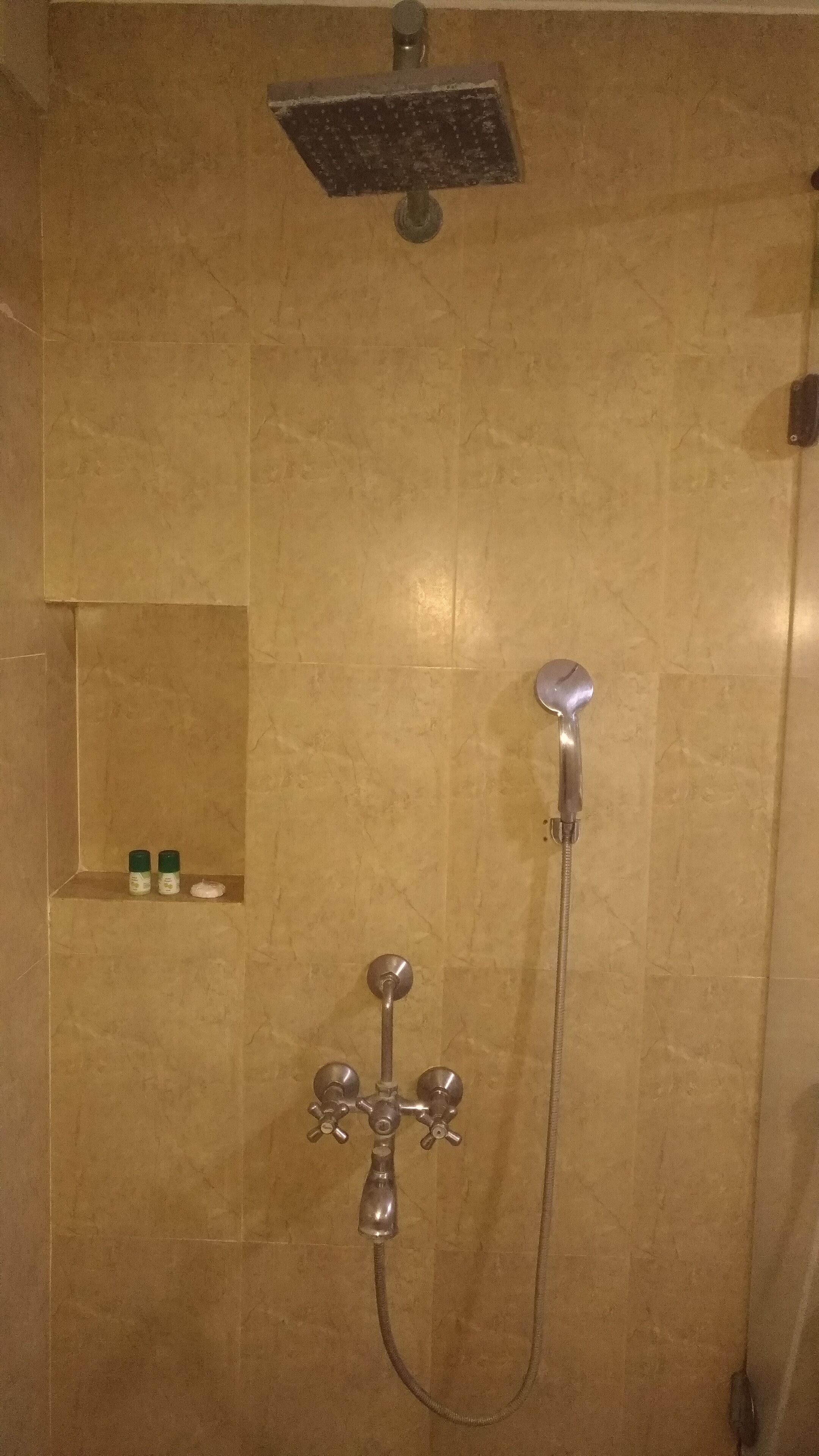 A shower with a handheld showerhead and a fixed overhead showerhead.