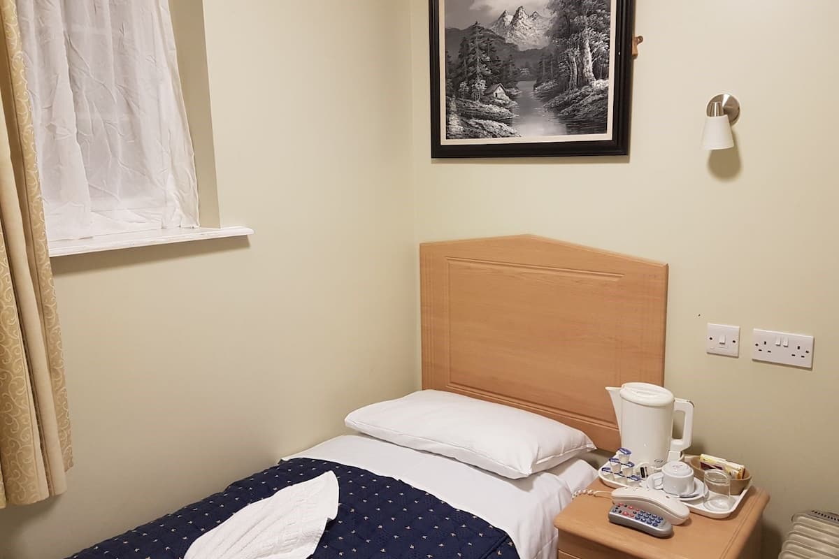Ein Hotelzimmer mit einem Einzelbett, einem Nachttisch mit Kaffeemaschine, einer Fernbedienung und einem gerahmten Landschaftsbild an der Wand.