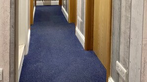Ein Korridor mit Holztüren, einem blauen Teppich und einem an der Wand befestigten Feuerlöscher.