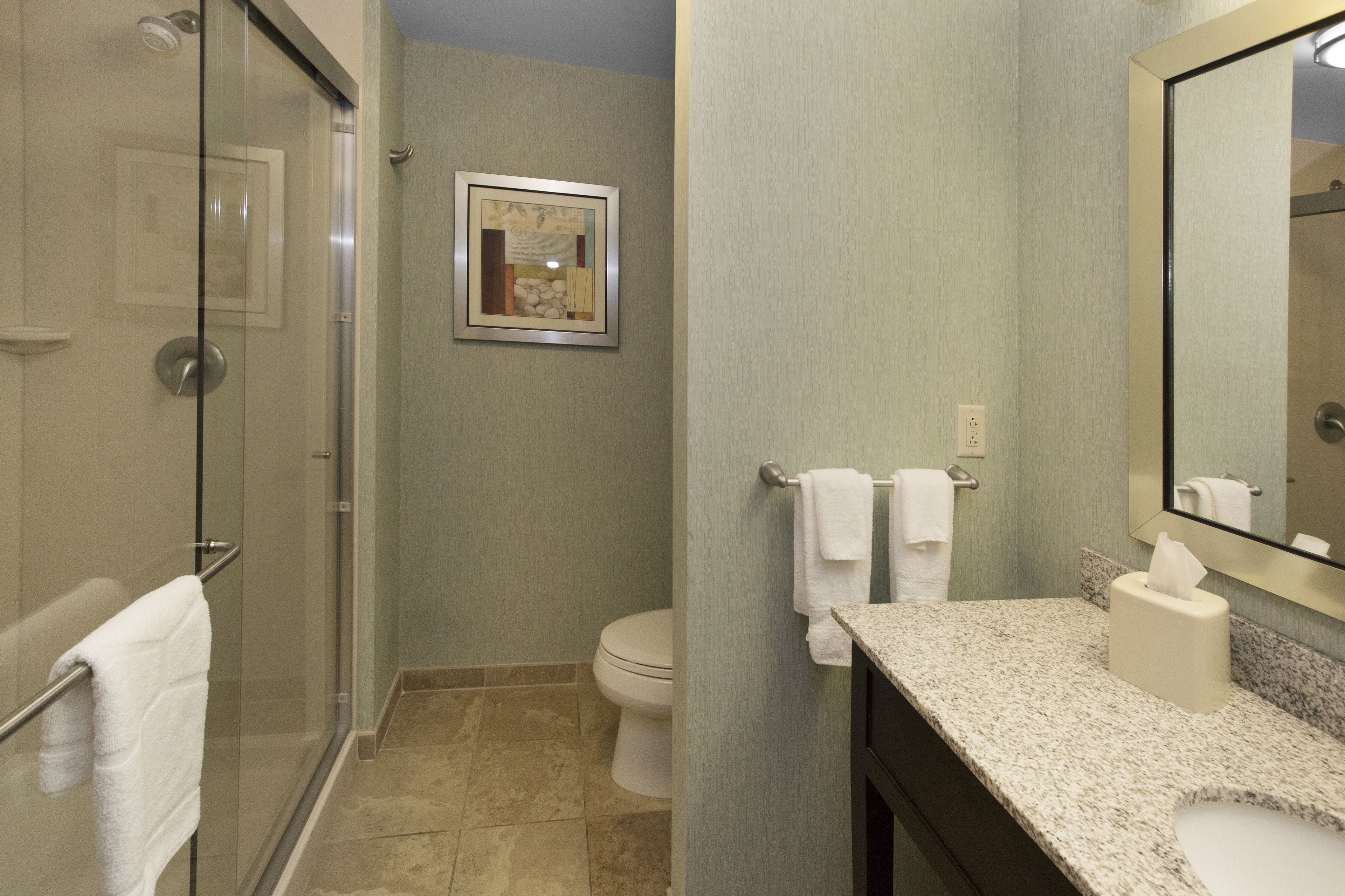 A bathroom with a glass shower enclosure, a toilet, a sink with a marble countertop, and a mirror.
