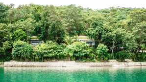 Une propriété paisible située au bord d’un lac, avec un petit bâtiment entouré d’une végétation luxuriante et d’arbres.