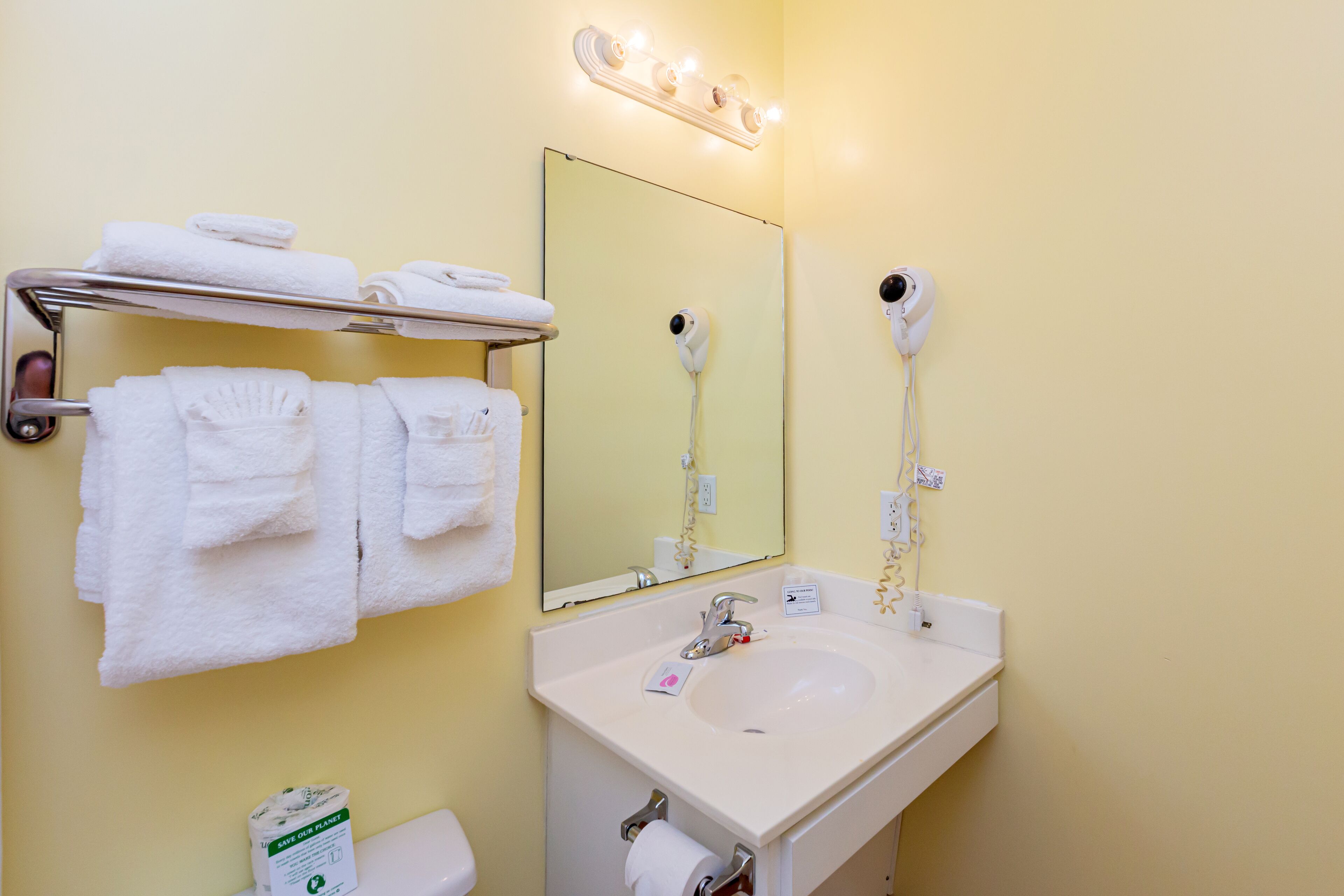 A bathroom with a sink, mirror, towel rack, and hairdryer.