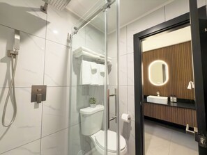 A modern bathroom with a glass-enclosed shower, a toilet, and a vanity with a mirror. - Alpine Inn (Abbotsford)