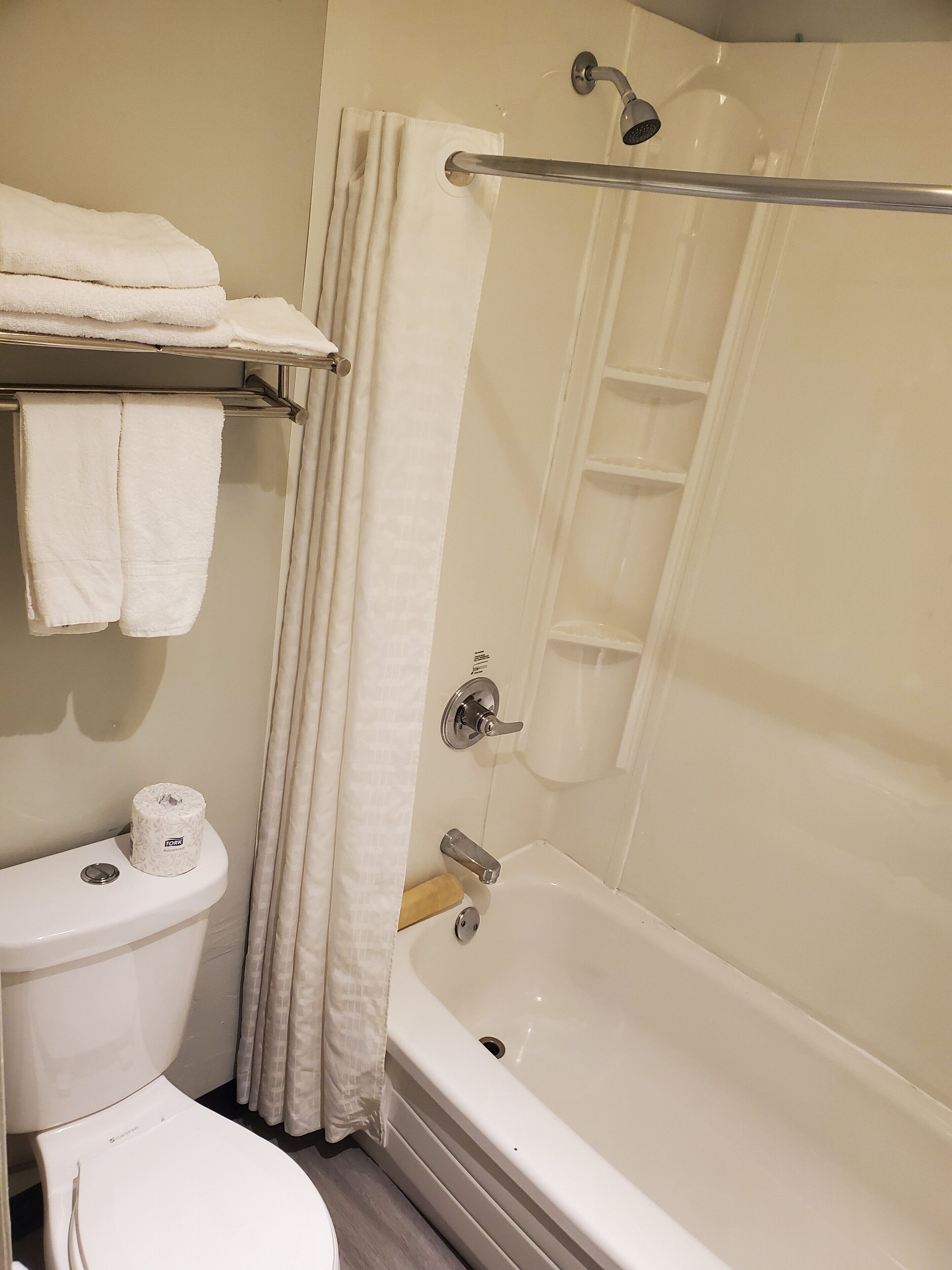 Un bagno con il WC, una vasca e una tenda da doccia.