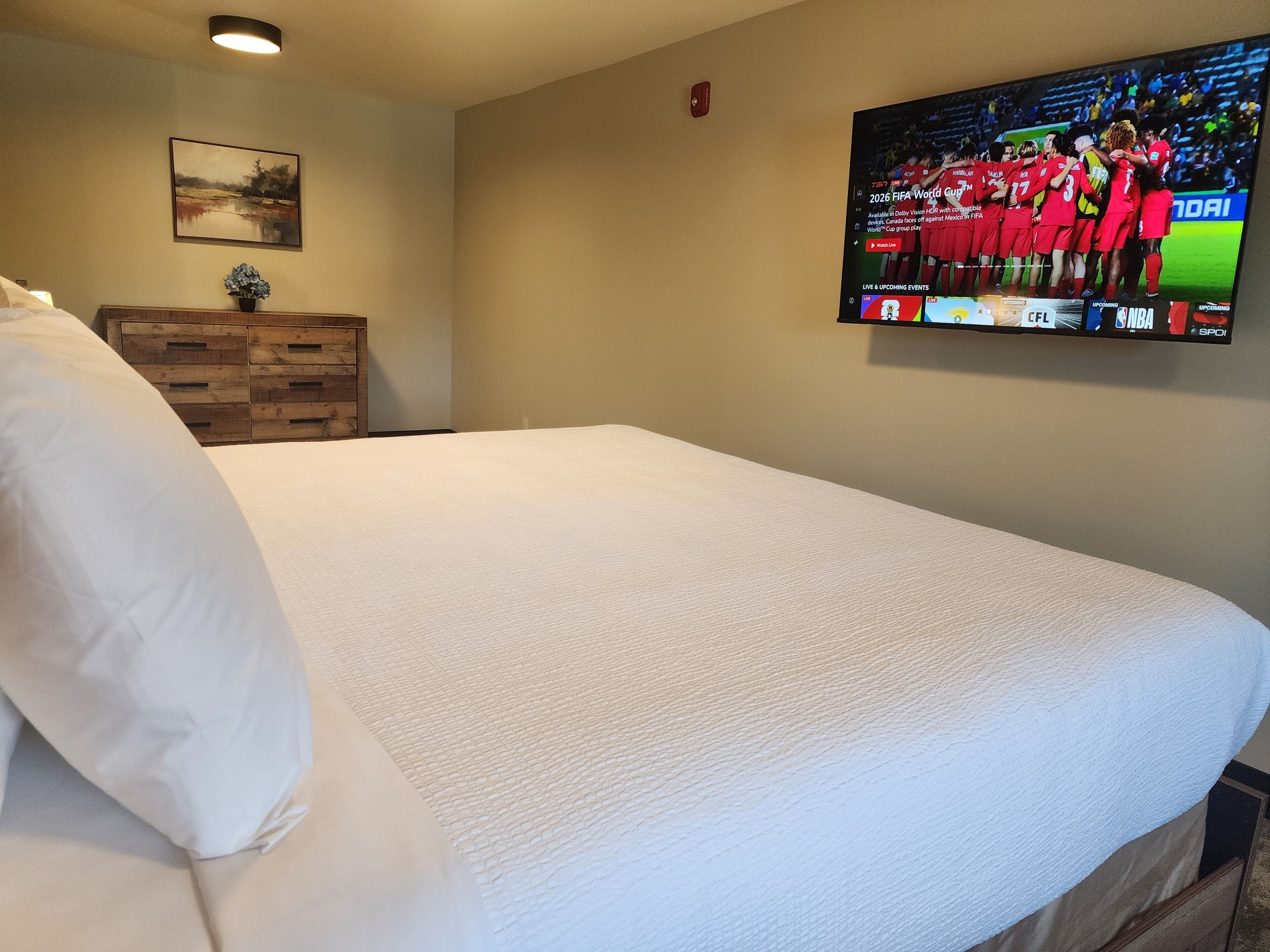 A hotel room with a large bed, a flat-screen TV mounted on the wall, a wooden dresser, and a framed picture on the wall.