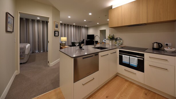 A modern kitchen with a stainless steel dishwasher, oven, and sink. There is a wooden cabinet above the counter and a small plant on the countertop. - West Fitzroy Apartments (Christchurch)