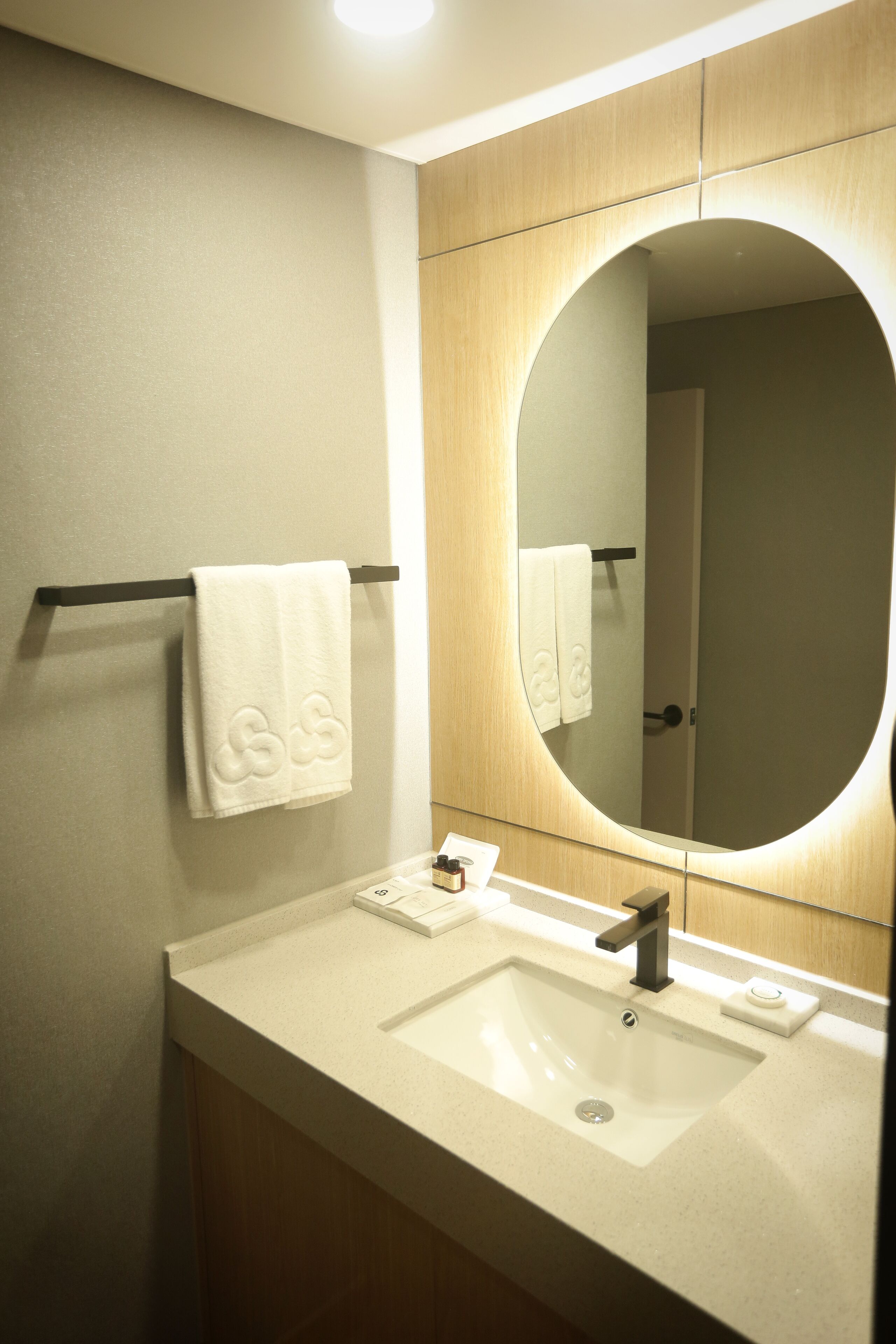 A bathroom with a white sink, a mirror, and a towel rack.