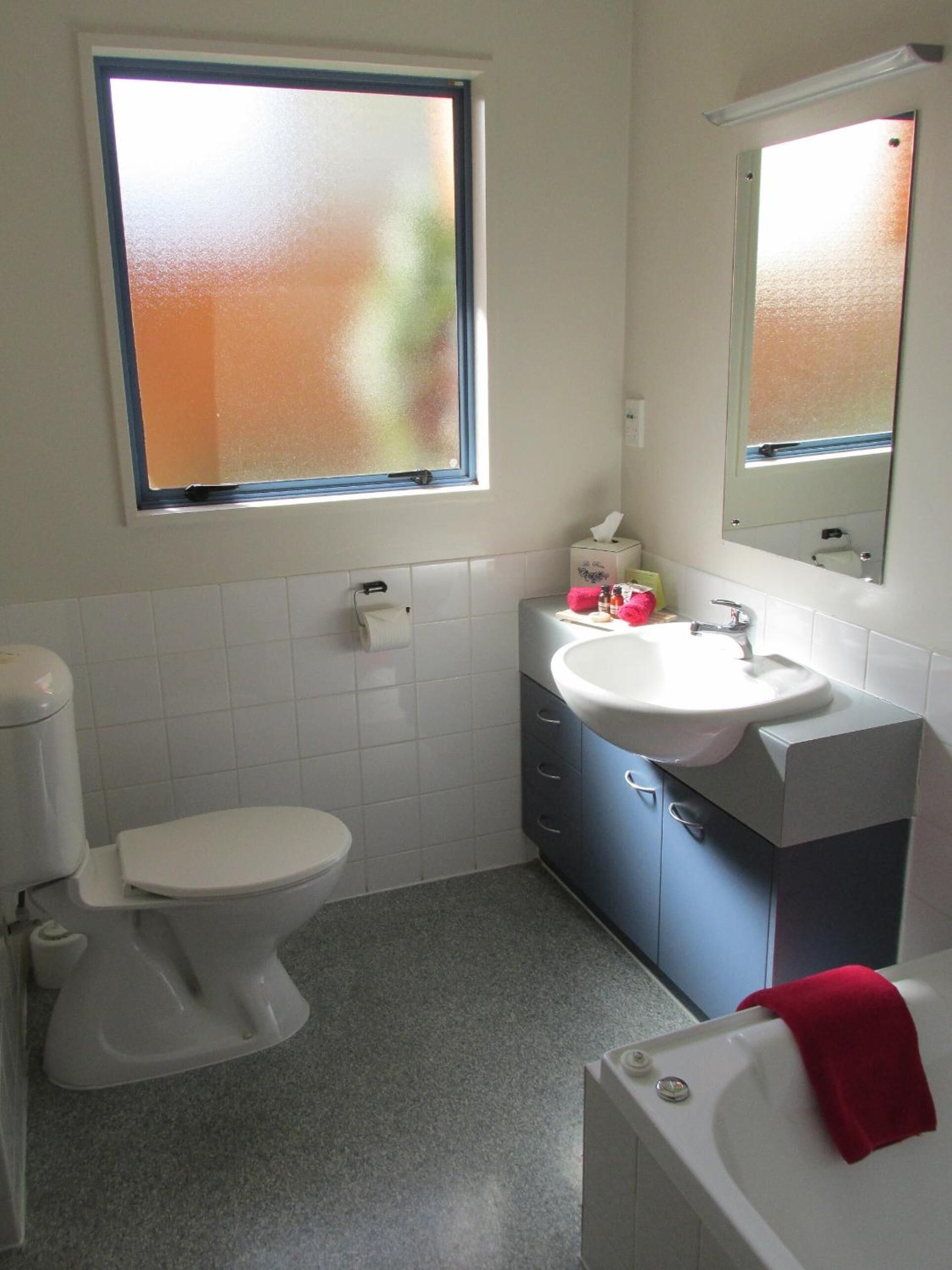 Un baño pequeño con inodoro, lavamanos y espejo.
